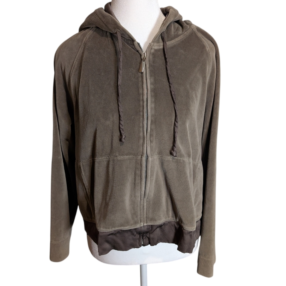 J.Jill Women's Velour Hoodie Sweatshirt Brown Full Zip‎ Size Petite Large